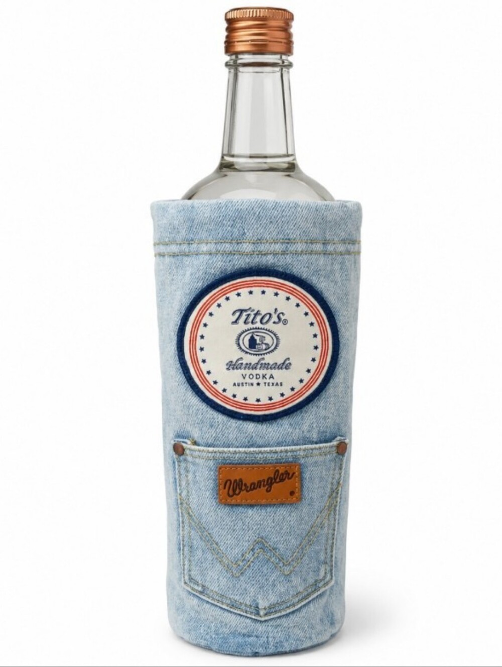 Wrangler Light Blue Denim Drawstring Bottle Sleeve with Tito's Patch